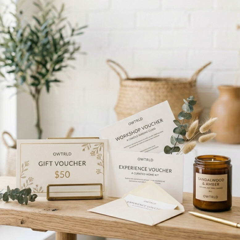 A minimalist, high-end digital gift card mockup displaying the OWTRLD brand logo in crisp, a clean, white background