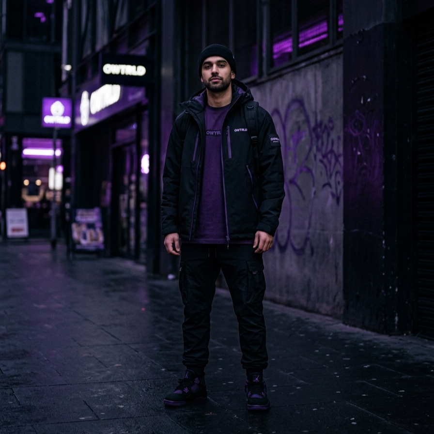 Model wearing OWTRLD premium men's full kit and casual streetwear collection, high-quality lifestyle apparel