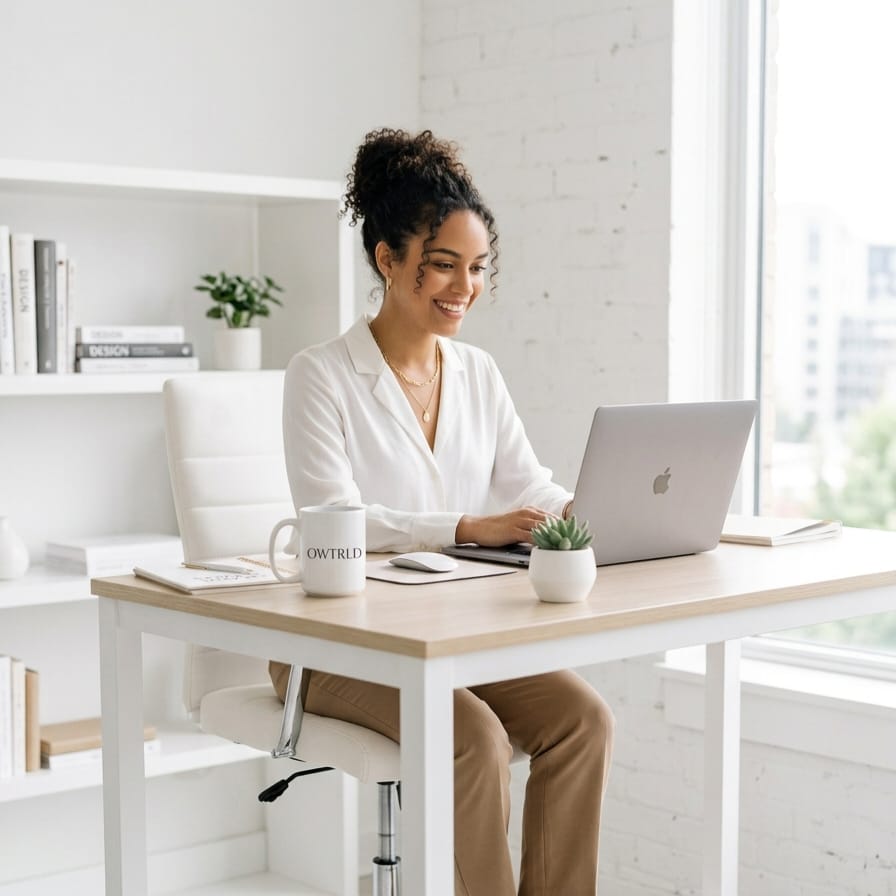 A professional, modern workspace showing a laptop, a sleek tablet, and an organized notebook, representing the collaborative and high-end nature of OWTRLD freelance services