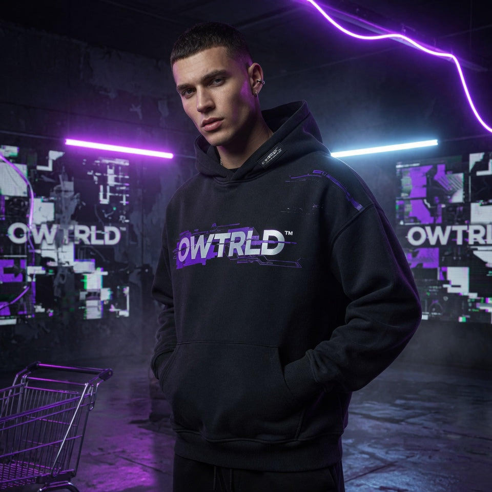 A collection of OWTRLD premium men’s hoodies, stylish jackets, and comfortable sweatwear, featuring high-quality fabrics and modern design aesthetic