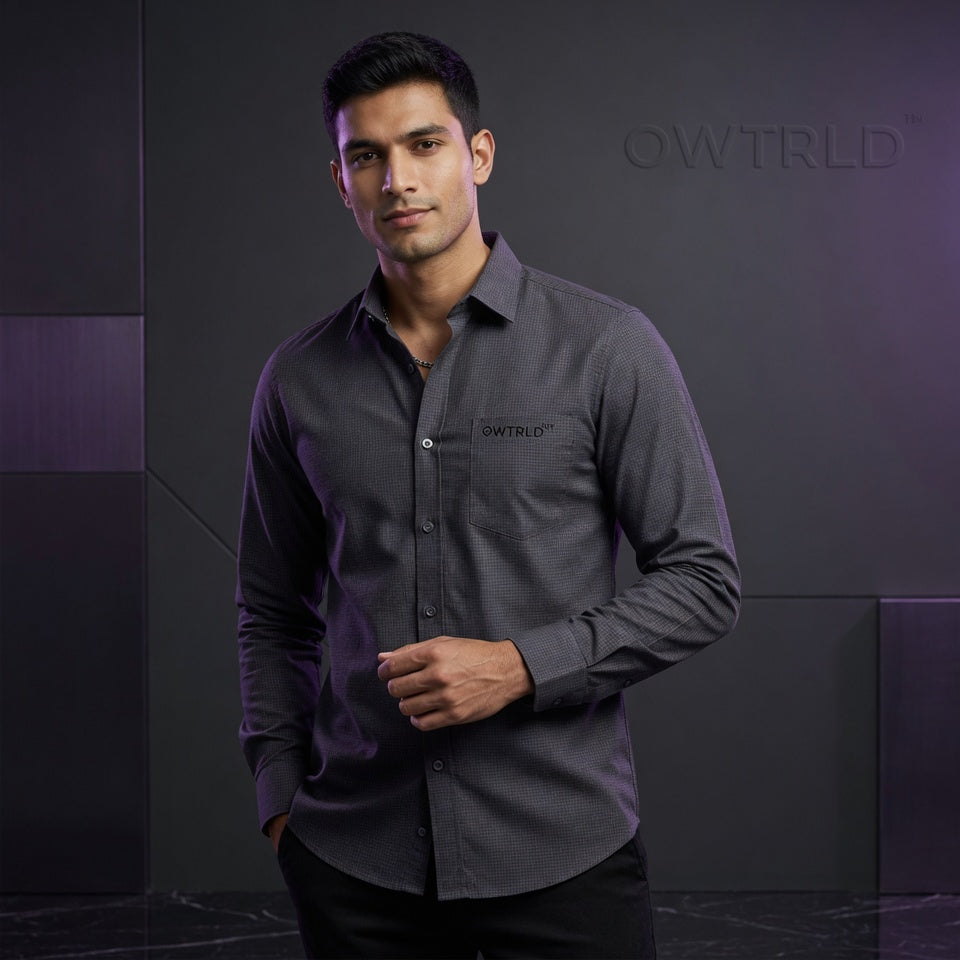 A curated selection of OWTRLD men’s casual shirts in various modern patterns and high-quality fabrics, professional fashion photography