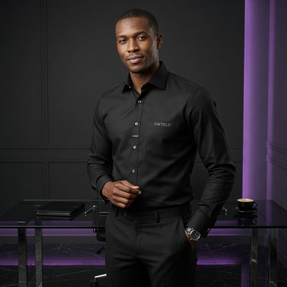 A professional selection of OWTRLD men’s formal work wear, including tailored shirts and trousers, high-quality fashion photography