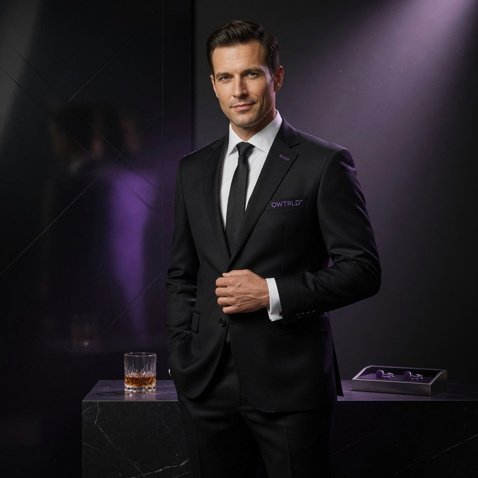 A tailored OWTRLD premium men’s blazer styled for a professional and modern look, high-quality fashion photography