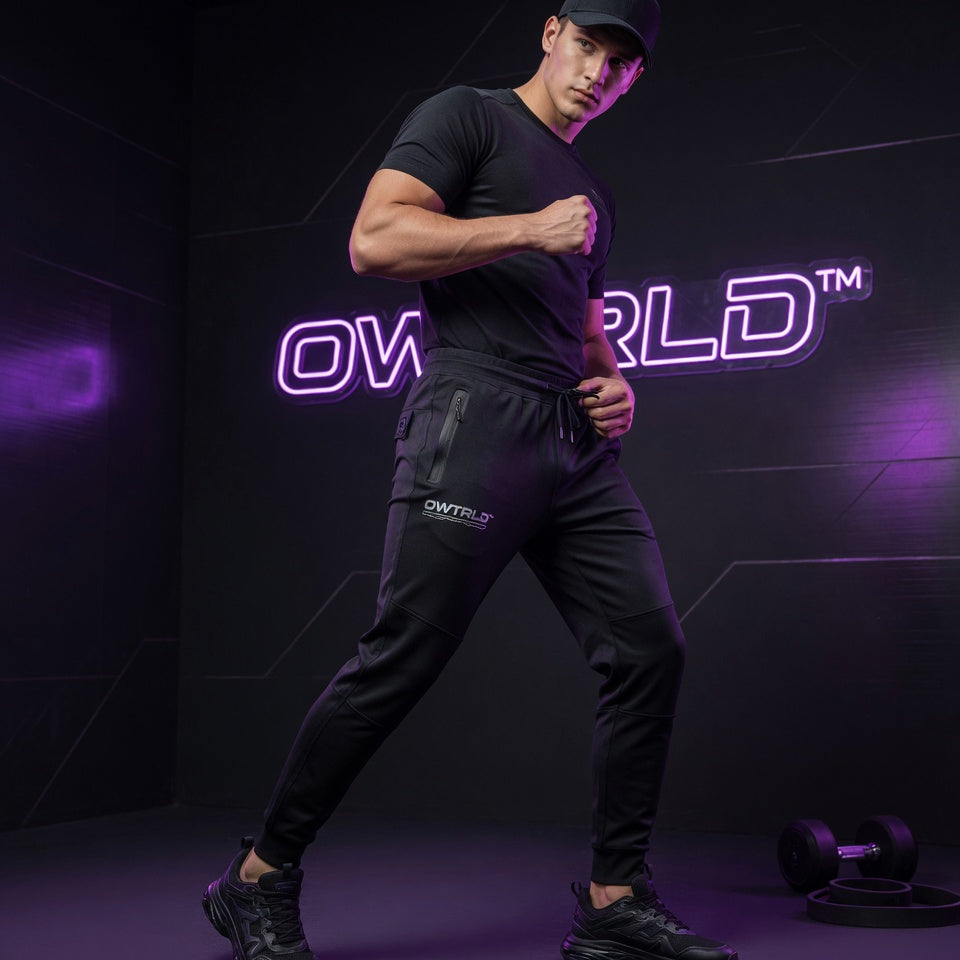 A diverse selection of OWTRLD men's joggers, jeans, and trousers, showcasing various styles and fits in high-quality fashion photography