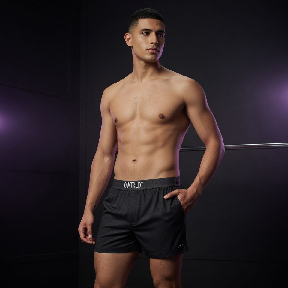 A curated display of OWTRLD premium men’s innerwear, highlighting high-quality breathable fabrics and comfortable design