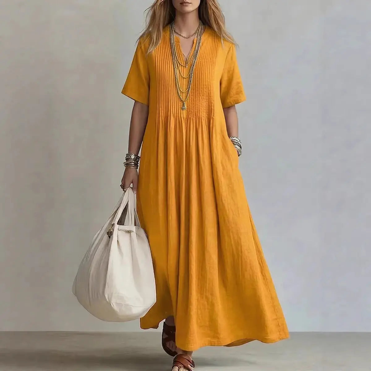 Women's V-Neck Pleated Cotton Linen Dress OWTRLD