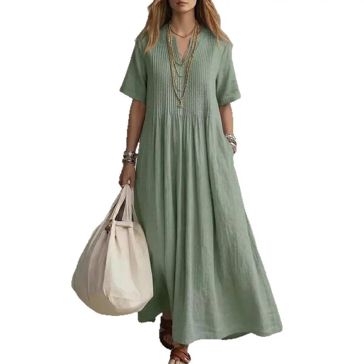 Women's V-Neck Pleated Cotton Linen Dress OWTRLD