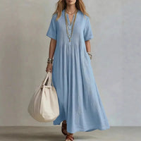 Women's V-Neck Pleated Cotton Linen Dress OWTRLD