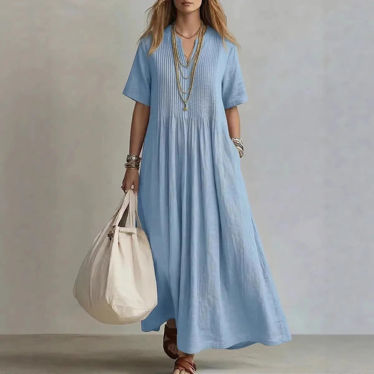 Women's V-Neck Pleated Cotton Linen Dress OWTRLD