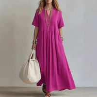 Women's V-Neck Pleated Cotton Linen Dress OWTRLD
