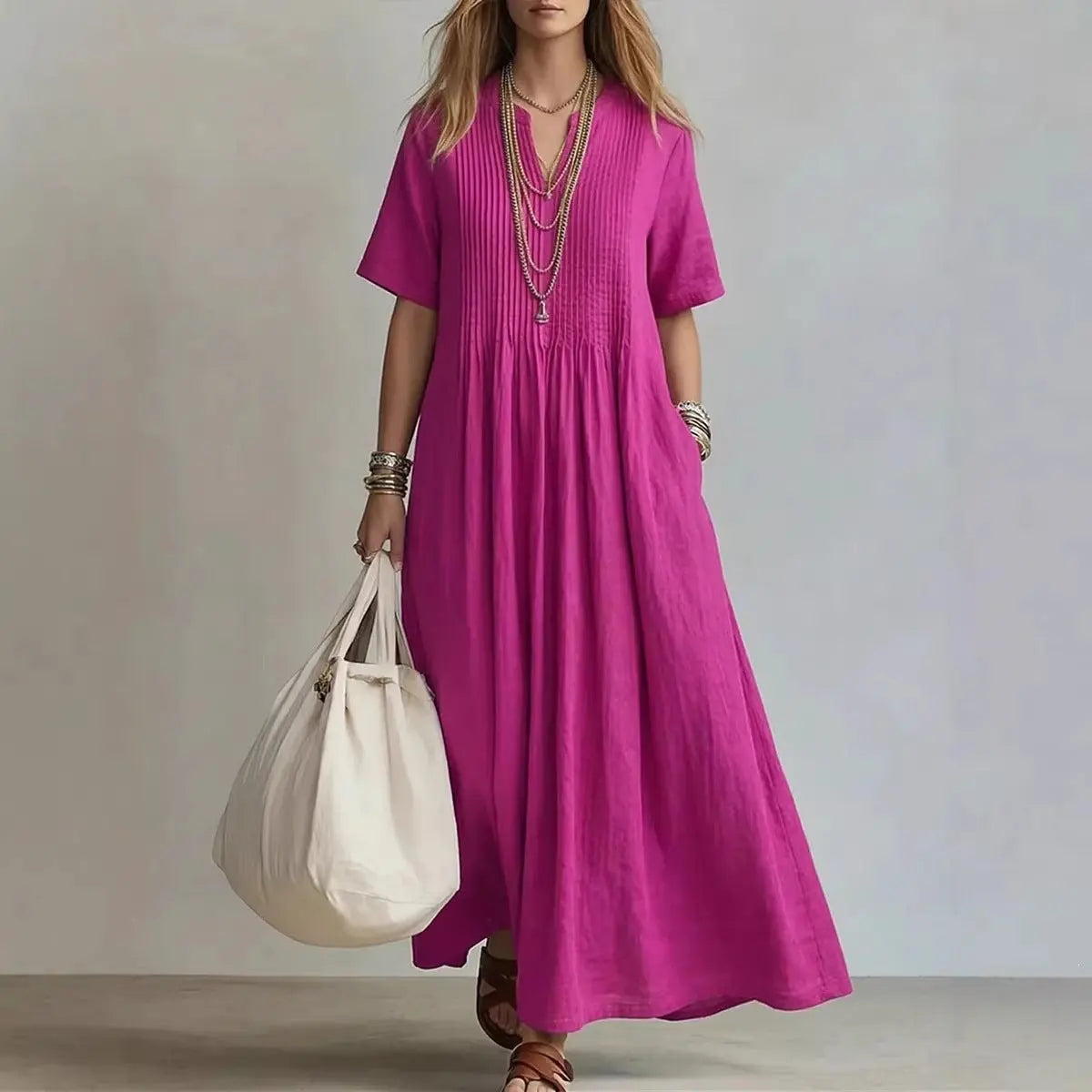 Women's V-Neck Pleated Cotton Linen Dress OWTRLD